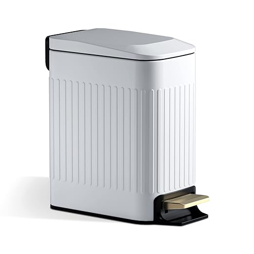 Small Bathroom Trash Can with Lid Soft Close-6L/1.6 Gal Slim Step Garbage Can-Metal Pedal Wastebasket-Narrow Rectangle Garbage Container Bin for Corner Office, Bedroom, Toilet, Live Room-White