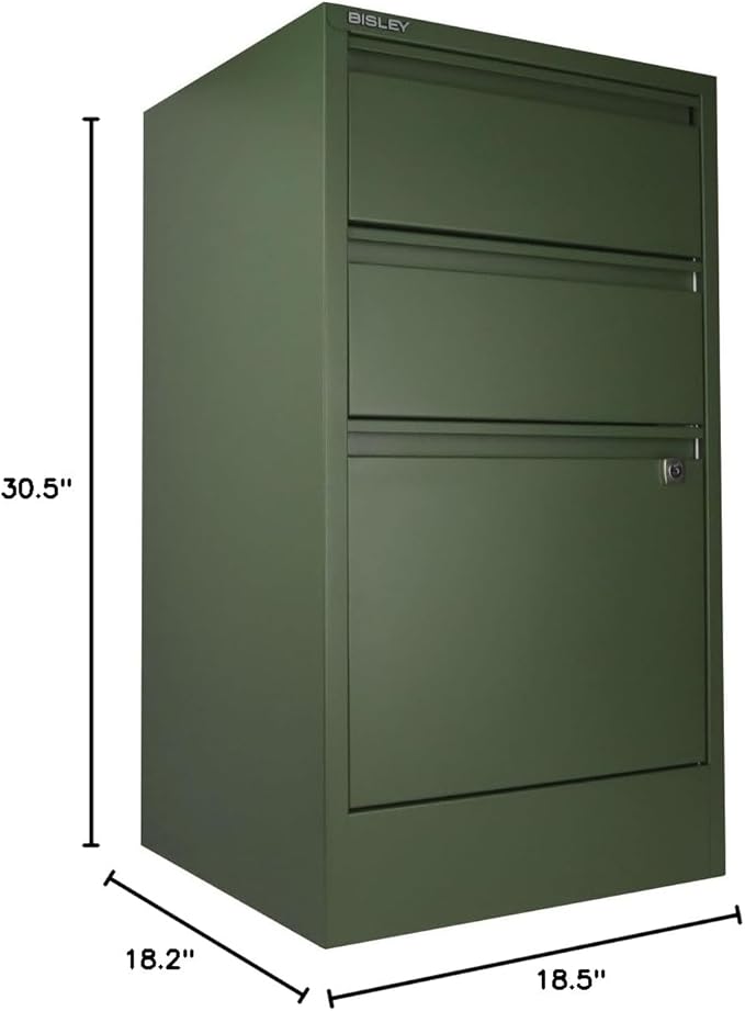 Bisley 3-Drawer Flush Front Vertical File Cabinet - Olive Green, 2 Utility Drawers + 1 Hanging File Drawer, Powder-Coated Steel, Locking Bottom Drawer