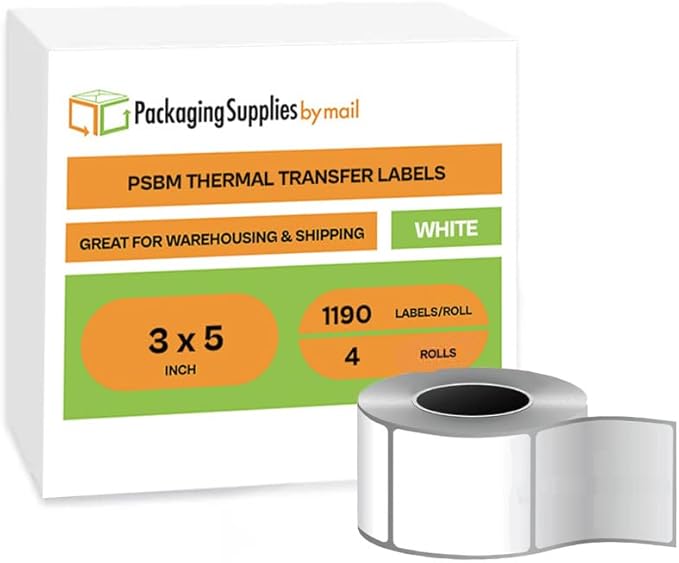 PSBM Thermal Transfer Labels, 3x5 Inch, 4 Rolls, 1190 Labels/Roll, 3 Inch Core, Perforated, Must Have Thermal Ribbon (Not Included)