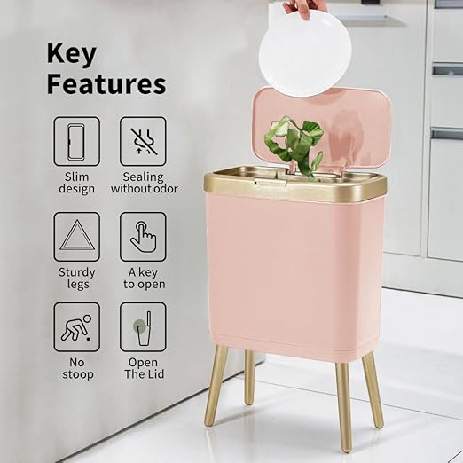 Procade 2Pack Office Trash Can with Lid, Bathroom Garbage Bin with Gold Edge, Modern Pink Trash Can for Bedroom, Slim Waste Basket Plastic Trash Bin for Room,Kitchen, Living Room,Toilet, 4 Gallon