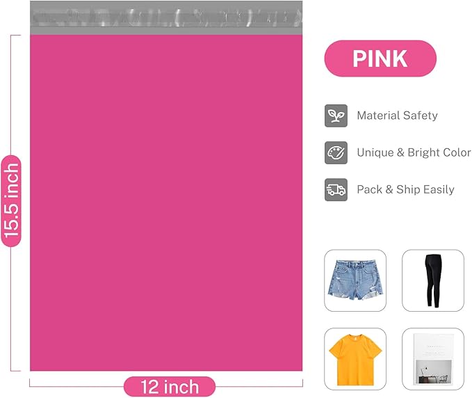 Metronic Poly Mailers 12x15.5 500 Pack Pink, Midium Size Shipping Bags Strong Adhesive Mailing Bags, Waterproof and Tear-Proof Shipping Envelopes for Clothing, Small Business, Postal Bags
