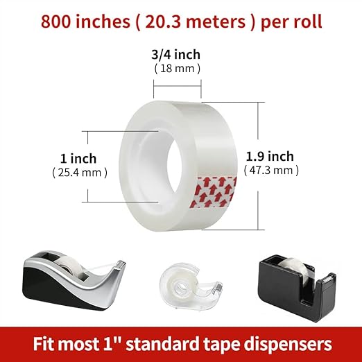 24 Rolls Transparent Tape Refills, Clear Tape, 3/4 x 800 Inches, Glossy Gift Wrapping Tapes for Dispenser, Office, School, Home