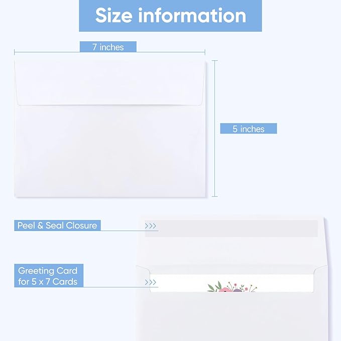Envelopes self seal, 5×7 inches, White A7 Envelopes for Wedding Invitations, Photo Storage, Greeting Card Enclosures, 50 packs（white）
