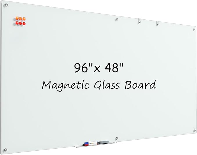 MaxGear Glass White Board 96x48 Inches, Wall Mounted Magnetic Glass Dry Erase Board, Extra Large Frameless Whiteboard with 1 Eraser,3 Markers and 6 Magnets for Office, School, Home