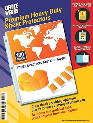 Office Werks 100 Sheet Protectors, Heavy Duty 8.5 X 11 Inch Clear Page for 3 Ring Binder, Plastic Sheet Sleeves, Durable Top Loading Paper Protector with Reinforced Holes Archival Safe