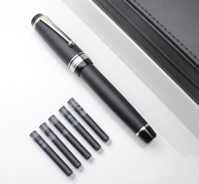 Metal Big Fountain Pen Set Medium Nib 0.7mm, Includes Ink Refill Converter, 5 Ink Cartridges & Gift Box (Medium Nib 0.7mm, Matte Black with Silvery Clip)