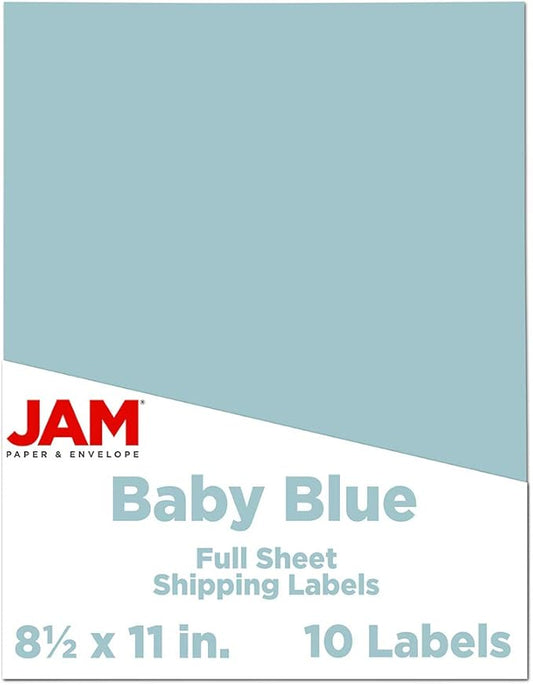 JAM PAPER Full Sheet Shipping Labels - Printable Sticker Paper - 8 1/2 x 11 - Baby Blue - 10 Full Pages/Pack