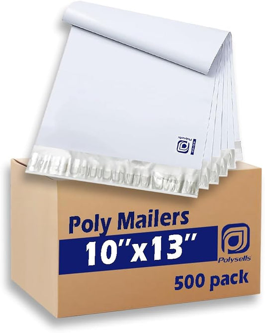 POLYSELLS 500 pcs 10x13 Inches White x Silver Poly Mailers Shipping Envelopes, Strong Adhesive Sealing, Waterproof, and Tear-resistant Postal Mailing Bags for Clothing, Books, and Accessories