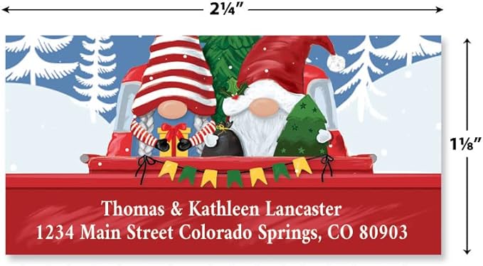 Gnomes in a Red Truck Christmas Address Labels- Set of 144, Personalized Holiday Return Labels, 1-1/8" x 2-1/4" Self-Adhesive, Flat-Sheet Labels, by Colorful Images