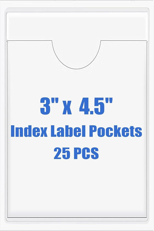 Origin-Joy 25 PCS Self-Adhesive Index Label Pockets, Clear Plastic Peel & Stick Card Holders with Top Open for Loading (3 x 4.5 inch)