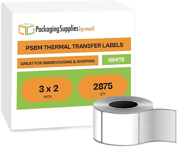 PSBM Thermal Transfer Labels, 3x2 Inch, 4 Rolls, 2875 Labels/Roll, 3 Inch Core, Perforated, Must Have Thermal Ribbon (Not Included)
