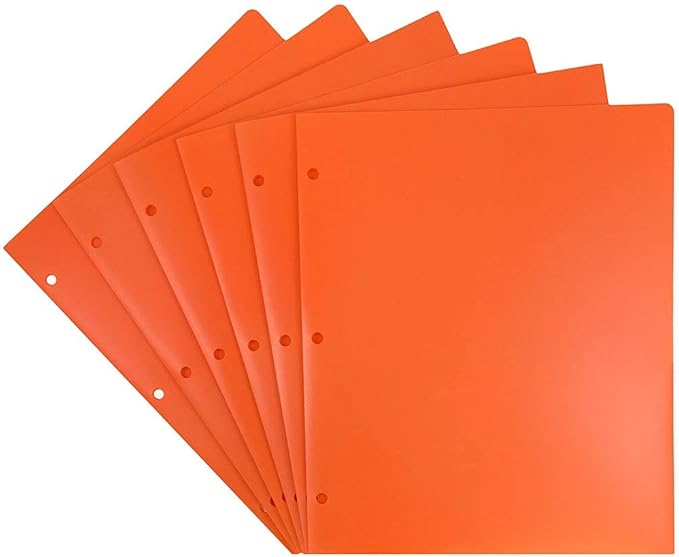 JAM PAPER Heavy Duty Plastic 3 Hole Punch Pocket Folders - Extra Tough School Folders - Orange - 6/Pack