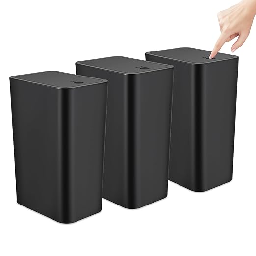 TrashAid 3 Pack Bathroom Trash Can with Lid, 2.6 Gallon / 10 Liter Small Garbage Can with Press Top Lid, Plastic Wastebasket with Pop-up Lids for Toilet, Office, Bedroom, Living Room, Black
