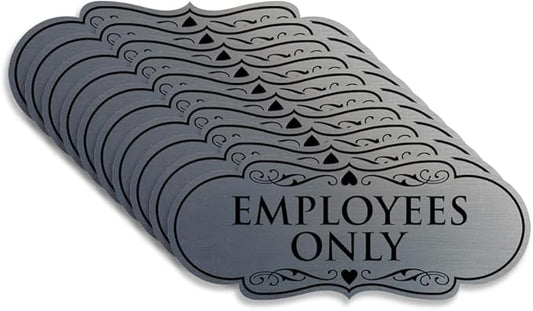 Designer EMPLOYEES ONLY Sign | Easy Installation | Office or Business Signs | Workplace Safety - Silver - Large (10 Pack)