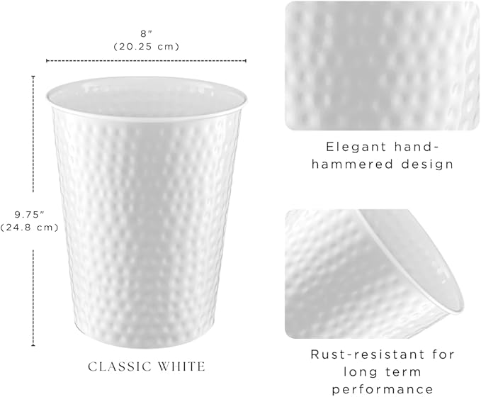 Monarch Abode White Hand Hammered Metal Wastebasket for Home Office Bedroom, Decorative Waste Basket, Modern Bathroom Garbage Can, Durable & Decorative Trash Bin, White Bathroom Trash Can