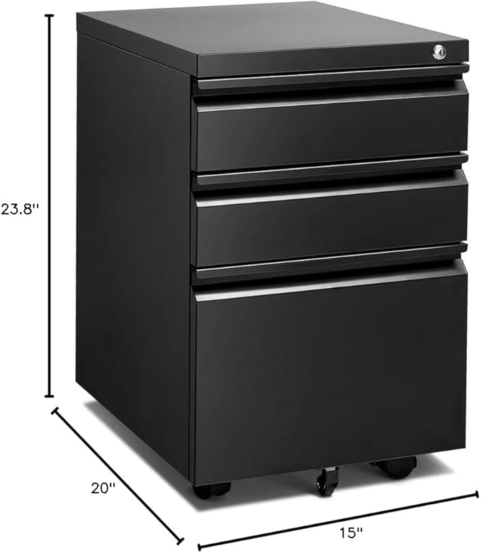 INTERGREAT 3 Drawer File Cabinet, Metal Filling Cabinets with Lock, Locking Office Mobile Cabinet with Wheels for Legal/Letter Size, Under Desk, Assembled, Black