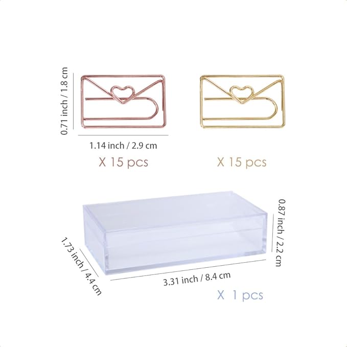 OWLFAVO 30pcs Envelope Shape Paper Clips with Clear Box, Rose Gold and Yellow Gold, Funny Cute Paperclips Bookmarks Planner Clips for Fun Office Supplies School Gifts Wedding Decoration