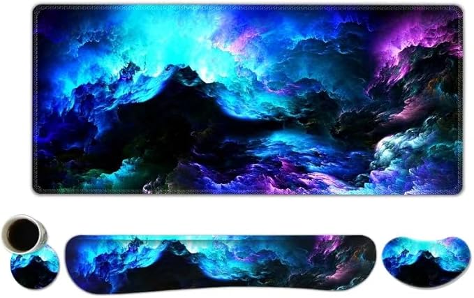 AIMSA Keyboard Mouse Pad Wrist Rest Set, Extended Desk Mat+ Ergonomic Mouse Pad with Wrist Rest+ Keyboard Wrist Support+ Coaster, 35x15.7in Large Mousepad for Home Office, Nebula Galaxy