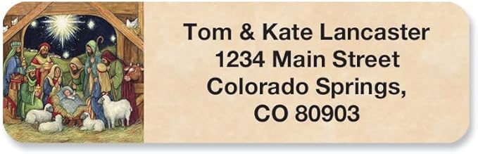 Nativity Christmas Rolled Personalized Return Address Mailing Labels with Dispenser, Set of 250, Small ¾ x 2½ Inch Size, Custom Self-Adhesive Sticker Roll, by Colorful Images