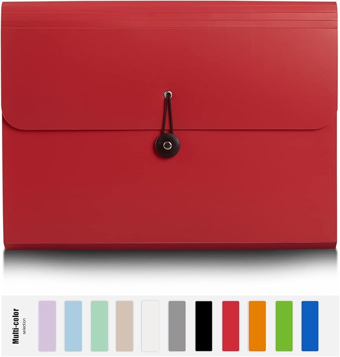 Expanding File Folder with 13 Pockets, Red, Polypropylene, 12.99" x 9.45" x 1.1"