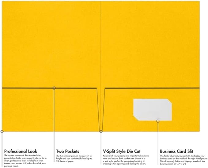 LUXPaper 9" x 12" Presentation Folders | Two Pocket | Sunflower Yellow | 100lb. Cover | 10 Qty