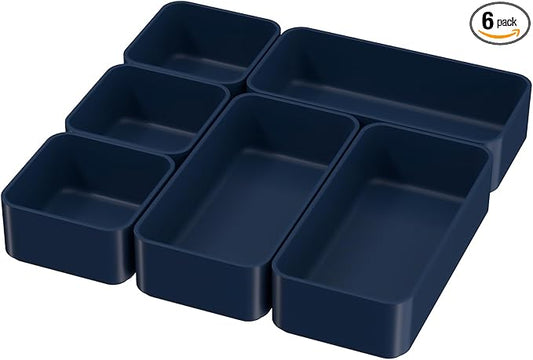 6 Pcs Stackable Drawer Organizer Set Desk Drawer Dividers, Bathroom Vanity Cosmetic Makeup Trays , Multipurpose Plastic Storage Bins for Jewelries, Kitchen Gadgets and Office Accessories, Blue