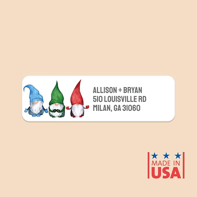 Watercolor Gnome Trio Rolled Address Labels / 500 Personalized Return Address Labels/Designer Address Stickers in Elegant Plastic Dispenser