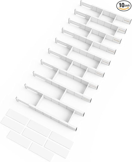 SpaceAid Bamboo Drawer Dividers with Inserts and Labels, Kitchen Adjustable Drawer Organizers, Expandable Organization for Home, Office, Dressers, 10 Dividers with 24 Inserts (17"-22" White)