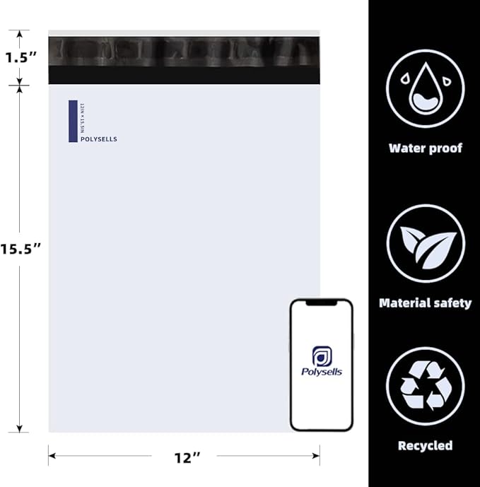 POLYSELLS 200 pcs 12x15.5 Inch White Poly Mailers Shipping Envelopes, Strong Adhesive Sealing, Waterproof, and Tear-resistant Postal Mailing Bags for Clothing, Books, and Accessories