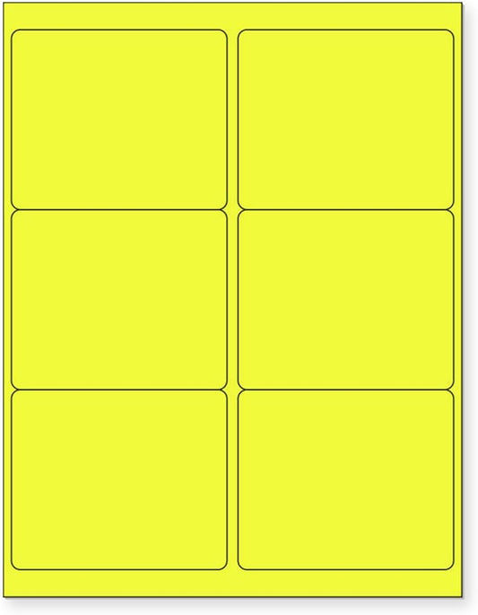 8-1/2 x 11 Neon Color High Light Fluorescent Labels for Laser & Inkjet Printer (Yellow Fluorescent, 4" x 3-1/3" - 6 Per Page | 150 Labels)