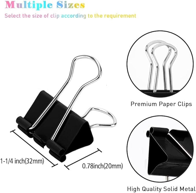 Medium Binder Clips, 144 Pack, 1-1/4 Inch, Black, Standard 32mm, Capacity 0.6 Inch, Metal Paper Clips, Office Clips, Fold Clamp, Office and School Supplies
