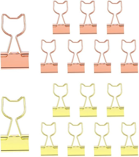 OWLFAVO 16pcs Cat Binder Clips with Clear Box, Rose Gold and Yellow Gold, Funny Cute Paper Clamps Paperclips Bookmarks Planner Binders for Fun Office Supplies School Gifts Wedding Decoration