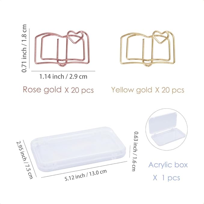 OWLFAVO 40pcs Book Shape Paper Clips with Clear Box, Rose Gold and Yellow Gold, Funny Cute Paperclips Bookmarks Planner Clips for Fun Office Supplies School Gifts Wedding Decoration