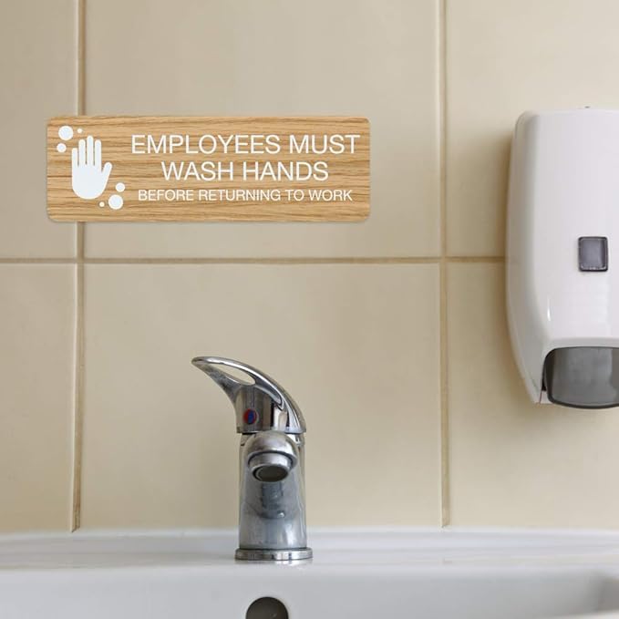 SBLABELS Employees Must Wash Hands Indoor Easy Adhesive Mount Door and Wall Sign for Restaurants and Small Businesses 3" x 9" - Light Wood