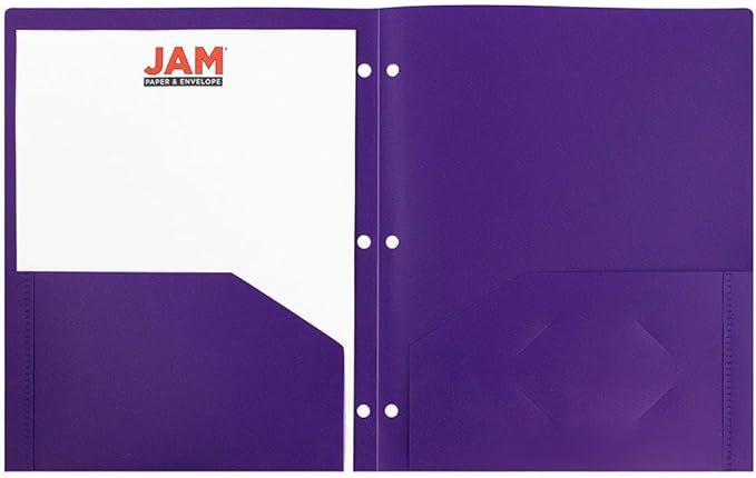 JAM PAPER Heavy Duty Plastic 3 Hole Punch Pocket Folders - Extra Tough School Folders - Assorted Fashion Colors - Bulk 144 Folders/Box (24 Assorted Packs of 6)