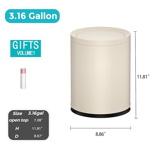 3.17 Gallon/12L Metal Trash Can with Swing Lid, Double Bucket Waste Basket,White,Modern,Elegant Garbage can,for Bathroom,Living Room,Kitchen,Office,Home,Bedroom(12L-White)