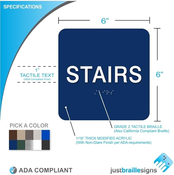 ADA STAIRS braille sign, 6” x 6”, ADA Compliant STAIRS Sign for Building or Business, Many Colors Choices, Made in USA! (Cement)