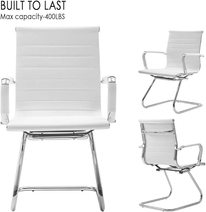 Reception Chairs Leather Conference Chairs No Wheels Back Support Heavy Duty Office Guest Chair, Set of 2 (White)