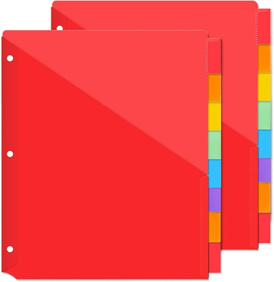 SUNEE 8 Tab Dividers with Pockets, Plastic Dividers for 3 Ring Binder, Subject Dividers with 2 Pockets, Binder Dividers for School Office Home Supplies, Multicolor, 2 Set