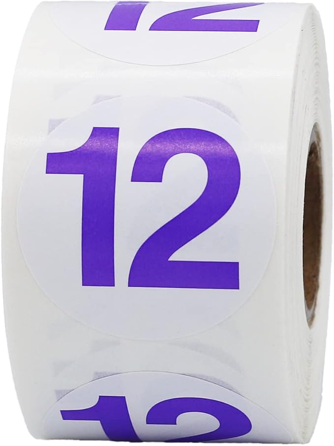 Purple Number 12 Circle Stickers, 1.5 Inches Round, 500 Labels on a Roll for Inventory, Classroom Organization, Shelving, and Storage Bins, Made in The USA