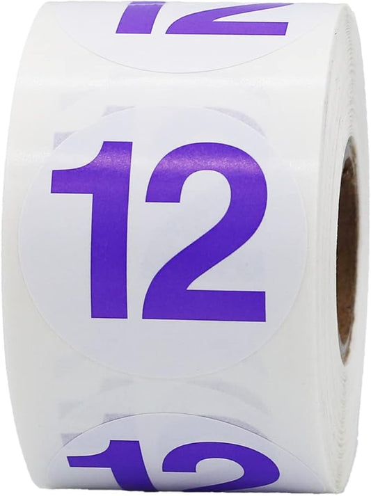 Purple Number 12 Circle Stickers, 1.5 Inches Round, 500 Labels on a Roll for Inventory, Classroom Organization, Shelving, and Storage Bins, Made in The USA