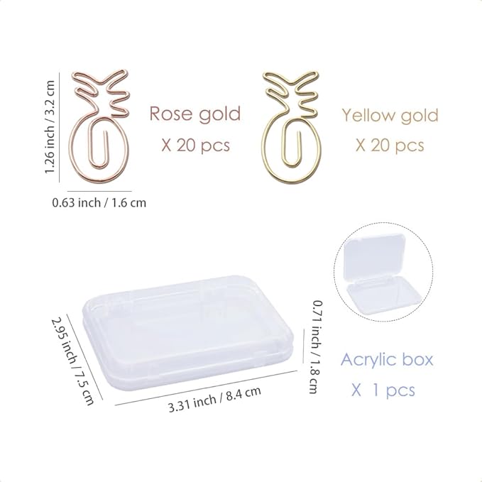 OWLFAVO 40pcs Pineapple Shape Paper Clips with Clear Box, Rose Gold and Yellow Gold, Funny Cute Paperclips Bookmarks Planner Clips for Fun Office Supplies School Gifts Wedding Decoration