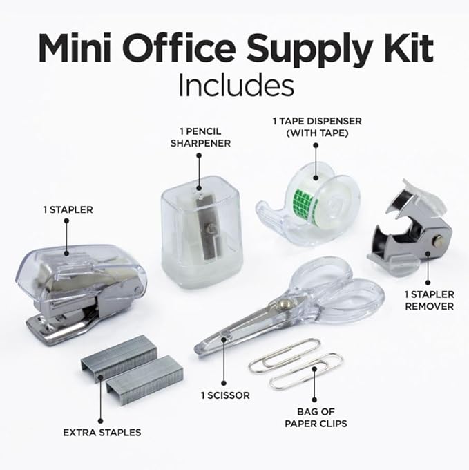 LD Products Clear Mini Office Supply Kit Portable Case with Scissors, Paper Clips, Tape Dispenser, Pencil Sharpener, Stapler & Staple Remover