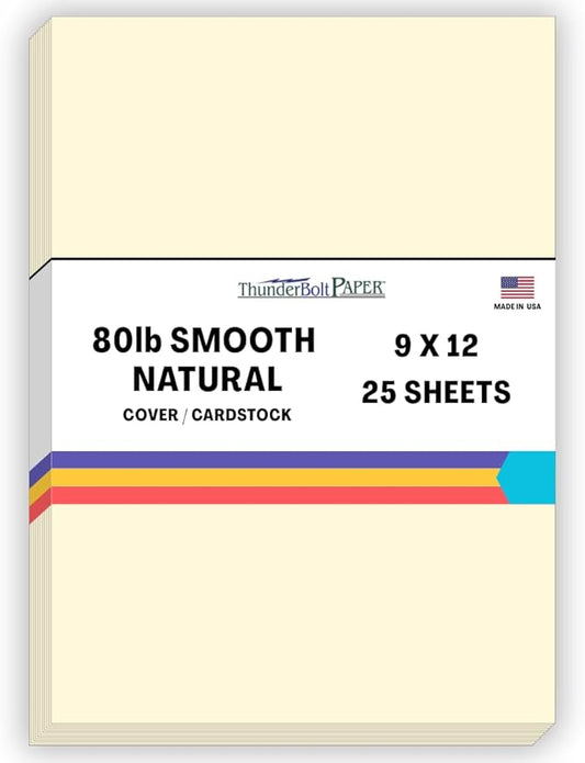 25 Natural Smooth Card Stock Sheets Paper - 9 X 12 Inches Frame and Sketch Pad Size - 80# (80 lb/pound) Cover Weight - Quality Paper - Smooth Finish