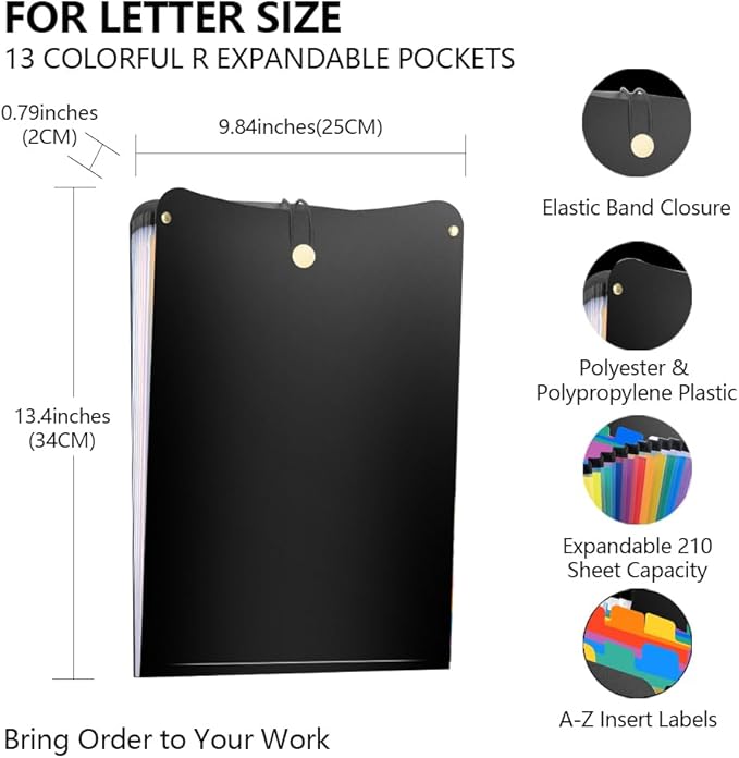 Vertical File Folder Expanding Accordion Folder with 13 Pockets Multi Pocket File Organizer Letter Size for Easy Backpack Access(2 Pack Inner Colorful)