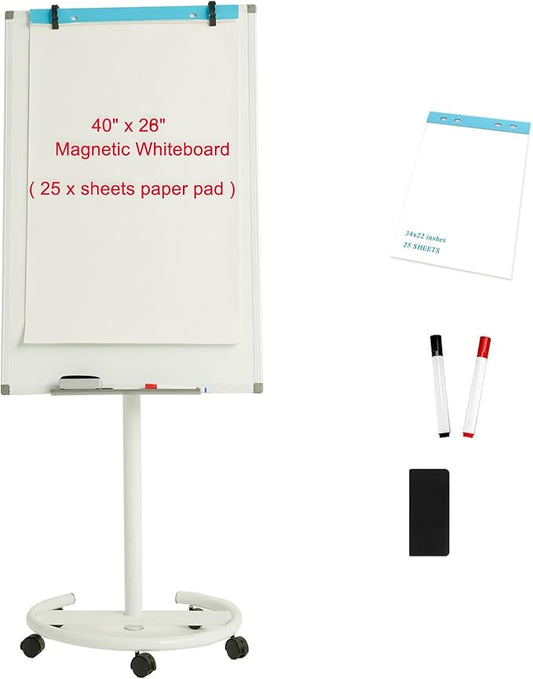 BIBOC Mobile Dry Erase Board – 40x28 inches Magnetic Portable Whiteboard Stand Adjustable Easel White Board Flipchart Easel Board with 25 Sheets Paper Pad 1 Eraser, 2Markers