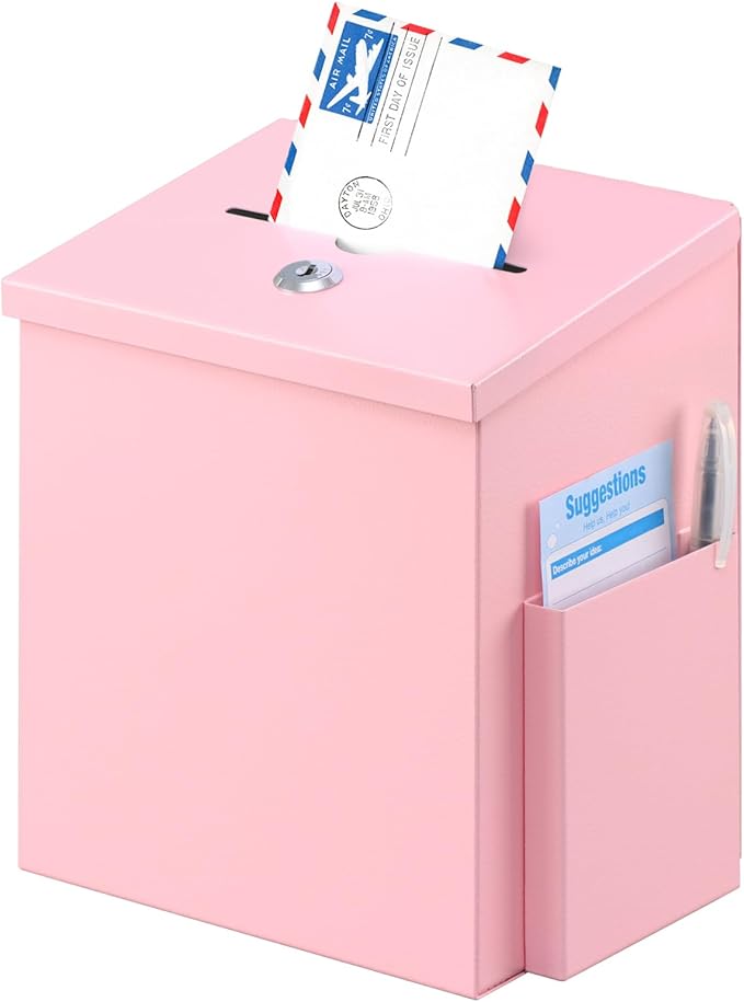 xydled Suggestion Box with Key Lock, Locking Metal Donation Ballot Drop, Comment Prayer Box with Slot for Office, Fundraising, Church, School, Home Use, Pink, 8.7 x 7.1 x 5.9 Inches