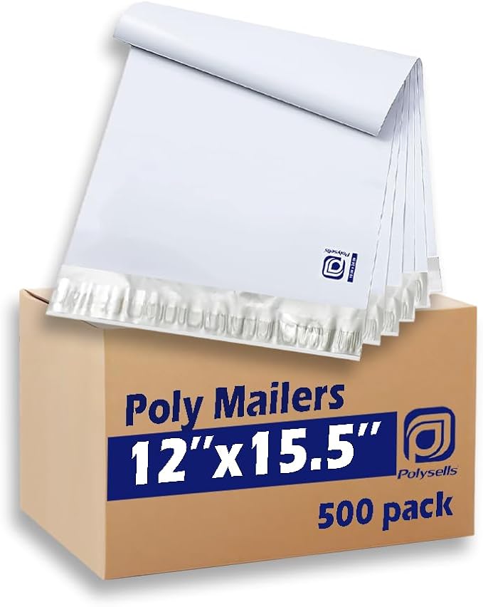 POLYSELLS 500 pcs 12x15.5 Inches White x Silver Poly Mailers Shipping Envelopes, Strong Adhesive Sealing, Waterproof, and Tear-resistant Postal Mailing Bags for Clothing, Books, and Accessories