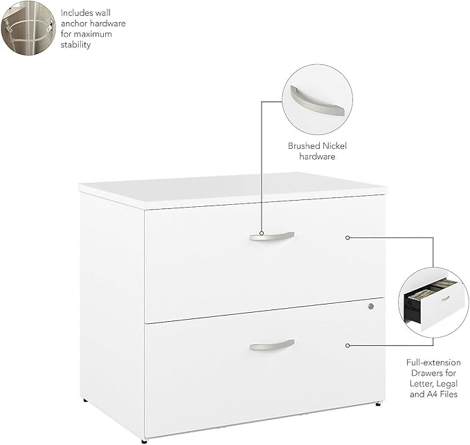 Bush Business Furniture Hybrid 2 Drawer Lateral File Cabinet-Assembled, White