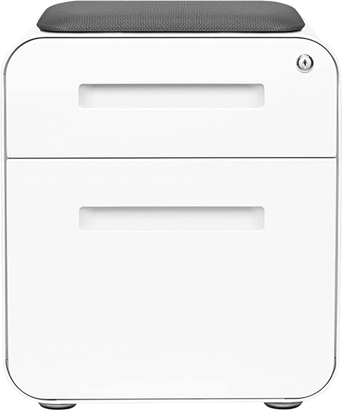 Laura Davidson Furniture STOCKPILE Mini Seated 2 Drawer Mobile File Cabinet with Removable Magnetic Cushion Seat - Short Version, Metal Filing Cabinet, Pre-Assembled, White with Grey Cushion